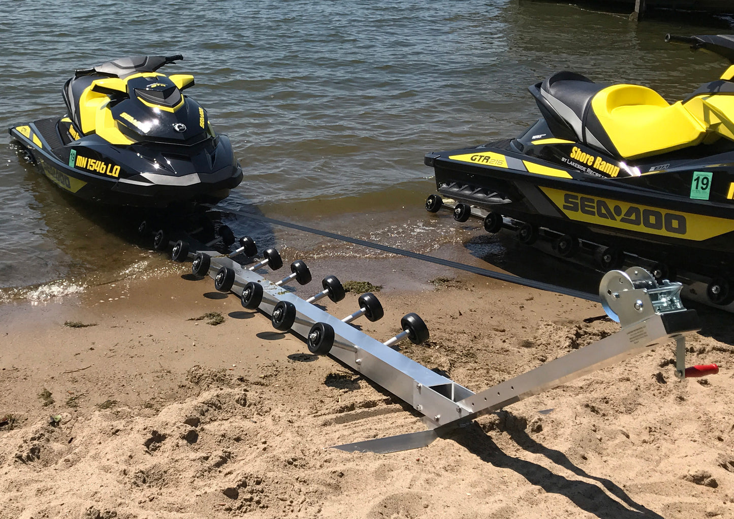 Easily winch your watercraft onto the shore ramp.